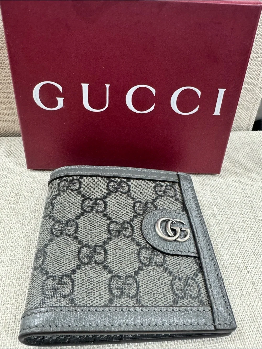 Gucci Gray GG Monogram Bifold Wallet with Silver Double G